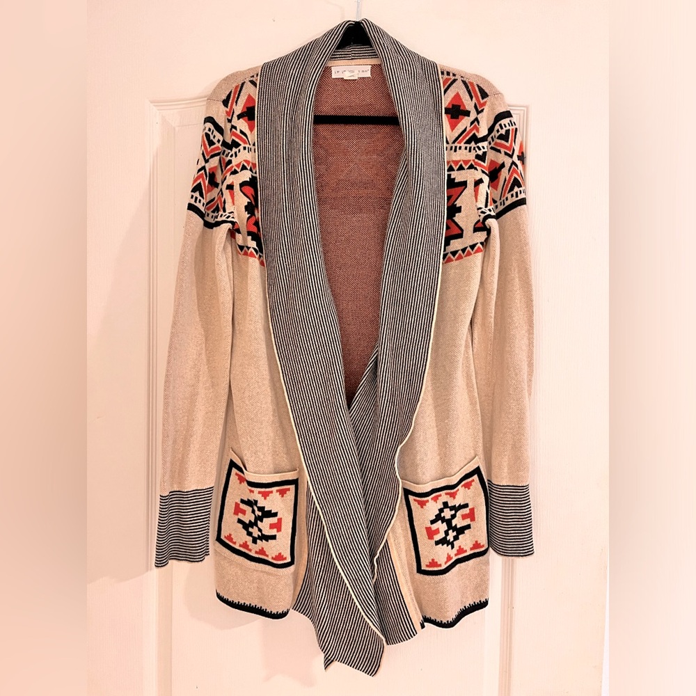 Cream Long Sweater Women’s Large, Orange and Black Pattern
